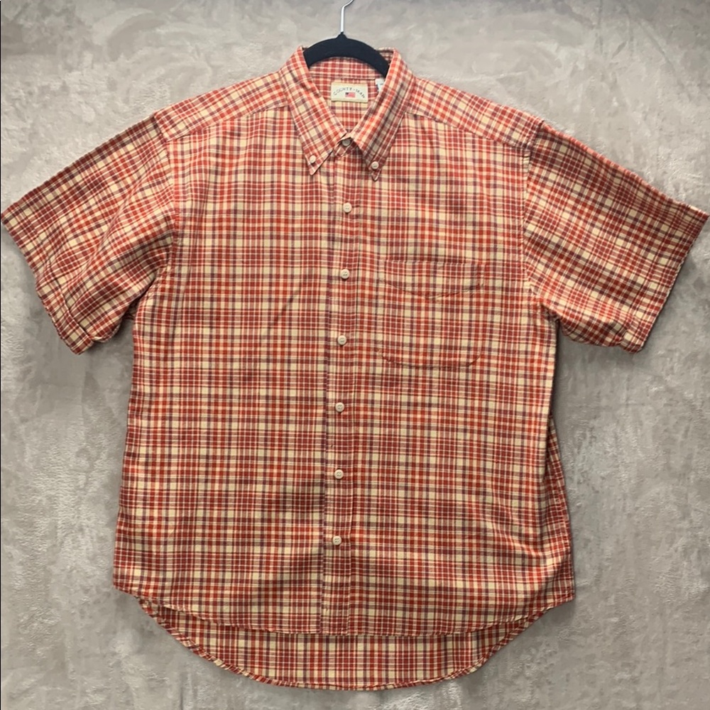 COUNTY SEAT ✬ MEDIUM MENS SHORT SLEEVE  BUTTON DOWN SHIRT ✬ RED TAN PLAID